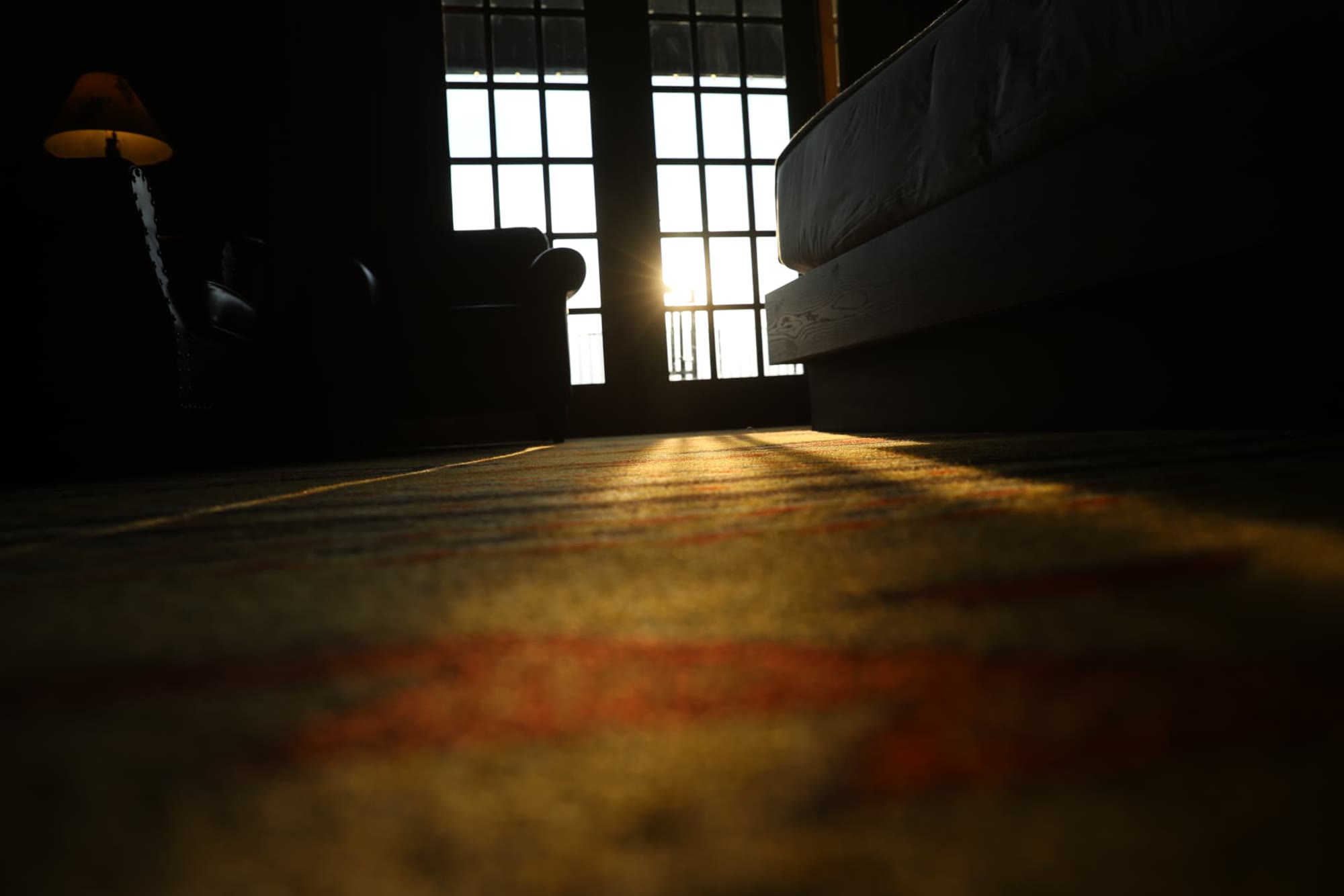 Sunlight enters a dark room through glass doors, illuminating a narrow section of the patterned floor while the surrounding furniture remains in shadow.