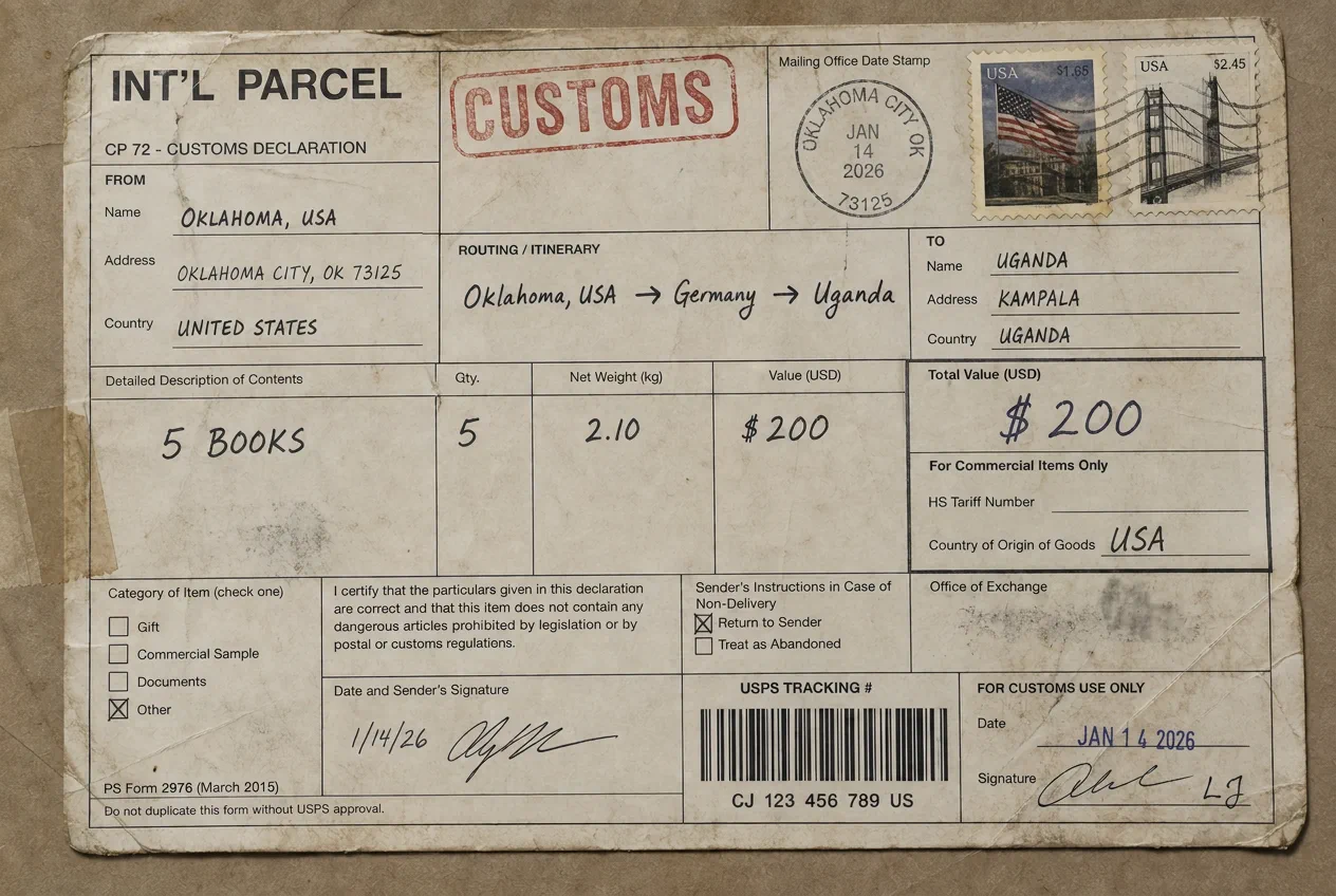 Mock international shipping label showing a package route from Oklahoma through Germany to Uganda, valued at $200 for five books.