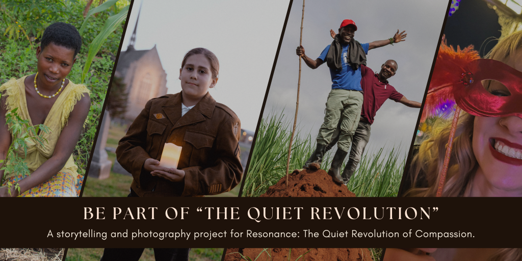 Banner featuring four portraits representing compassion and diversity — a young girl holding a candle, two men standing together on red earth, a woman smiling in a red mask, and another woman sitting peacefully. Text reads “Be Part of The Quiet Revolution — A storytelling and photography project by Janelle Nightingale,” promoting the upcoming book Resonance: The Quiet Revolution of Compassion.